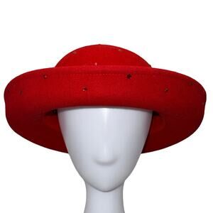Scala Red Wool Wide Brim Rhinestone Church Derby Easter Holiday Statement Hat